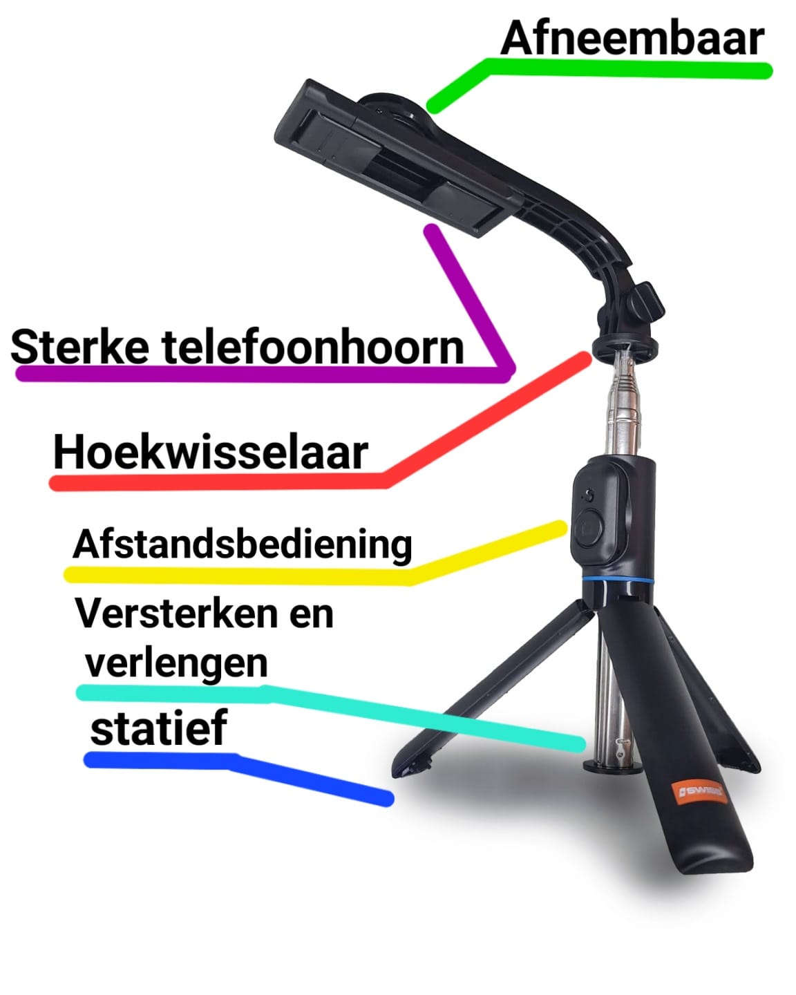 Premium 5-in-1 Selfie Stick & Statief met Bluetooth Remote & Afneembare Houder - Uitschuifbaar tot 107cm - Zwart Selfie Tripod