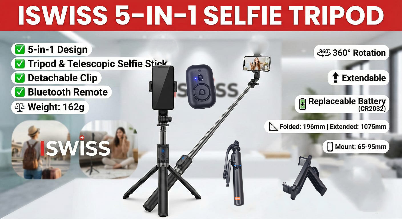 Premium 5-in-1 Selfie Stick & Statief met Bluetooth Remote & Afneembare Houder - Uitschuifbaar tot 107cm - Zwart Selfie Tripod