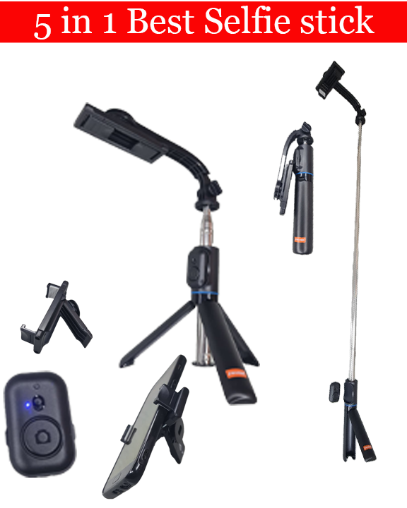 Premium 5-in-1 Selfie Stick & Statief met Bluetooth Remote & Afneembare Houder - Uitschuifbaar tot 107cm - Zwart Selfie Tripod