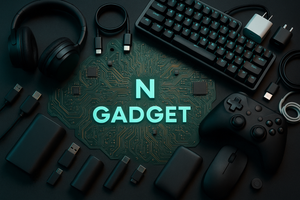 The name (N Gadget) is placed on a surface that resembles a motherboard, and around it are electronic devices such as headphones, keyboards, chargers, mice, power banks, game controllers, etc.